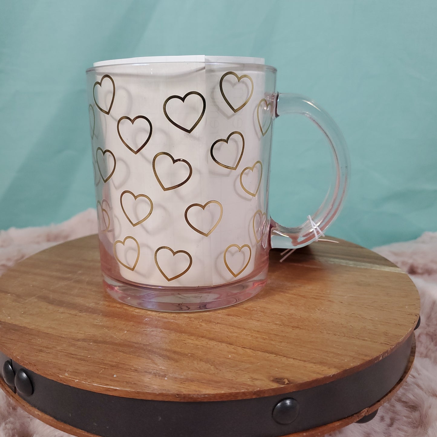 Sheffield Home Pink Glass Coffee Mug with Gold Heart Outline Design - 15oz