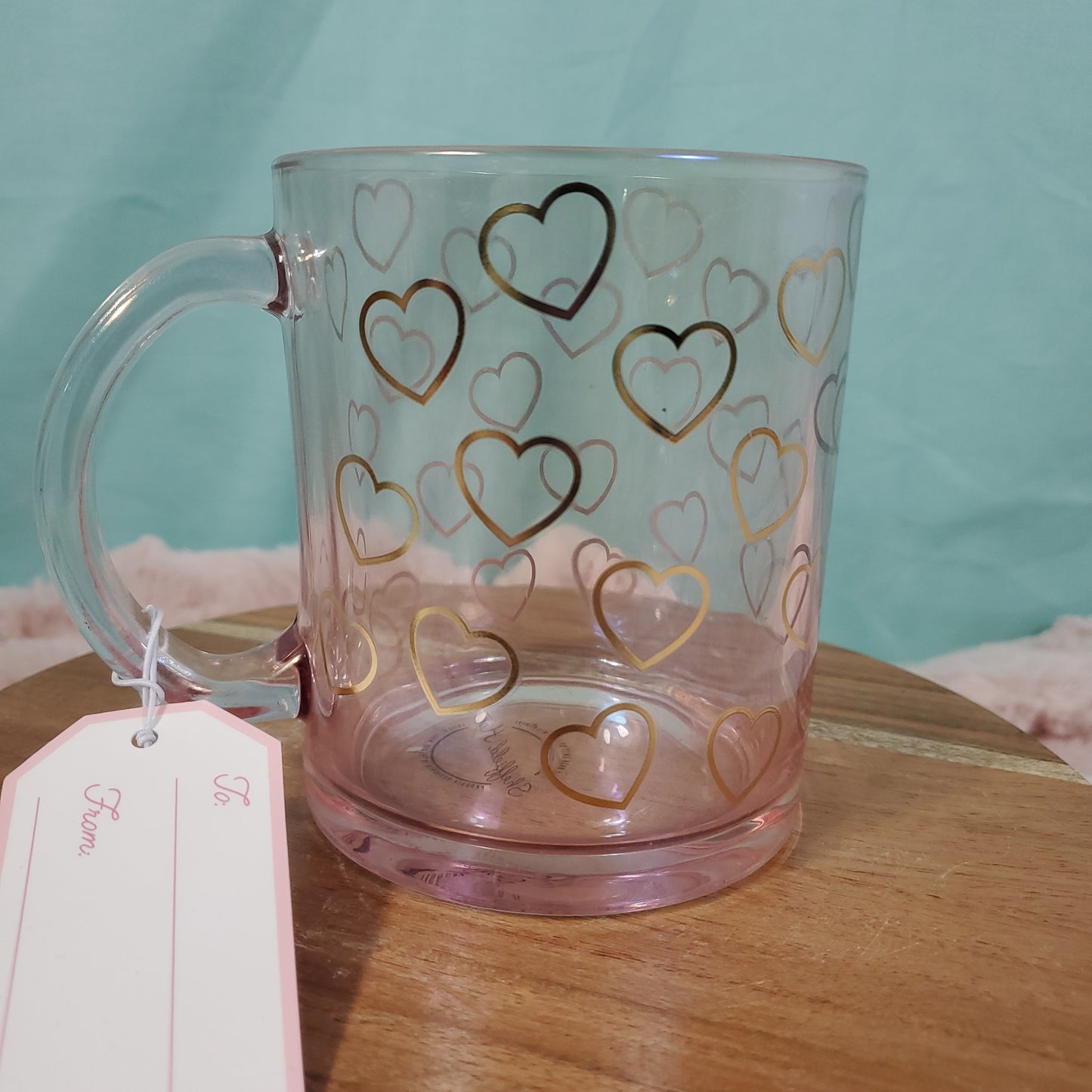 Sheffield Home Pink Glass Coffee Mug with Gold Heart Outline Design - 15oz