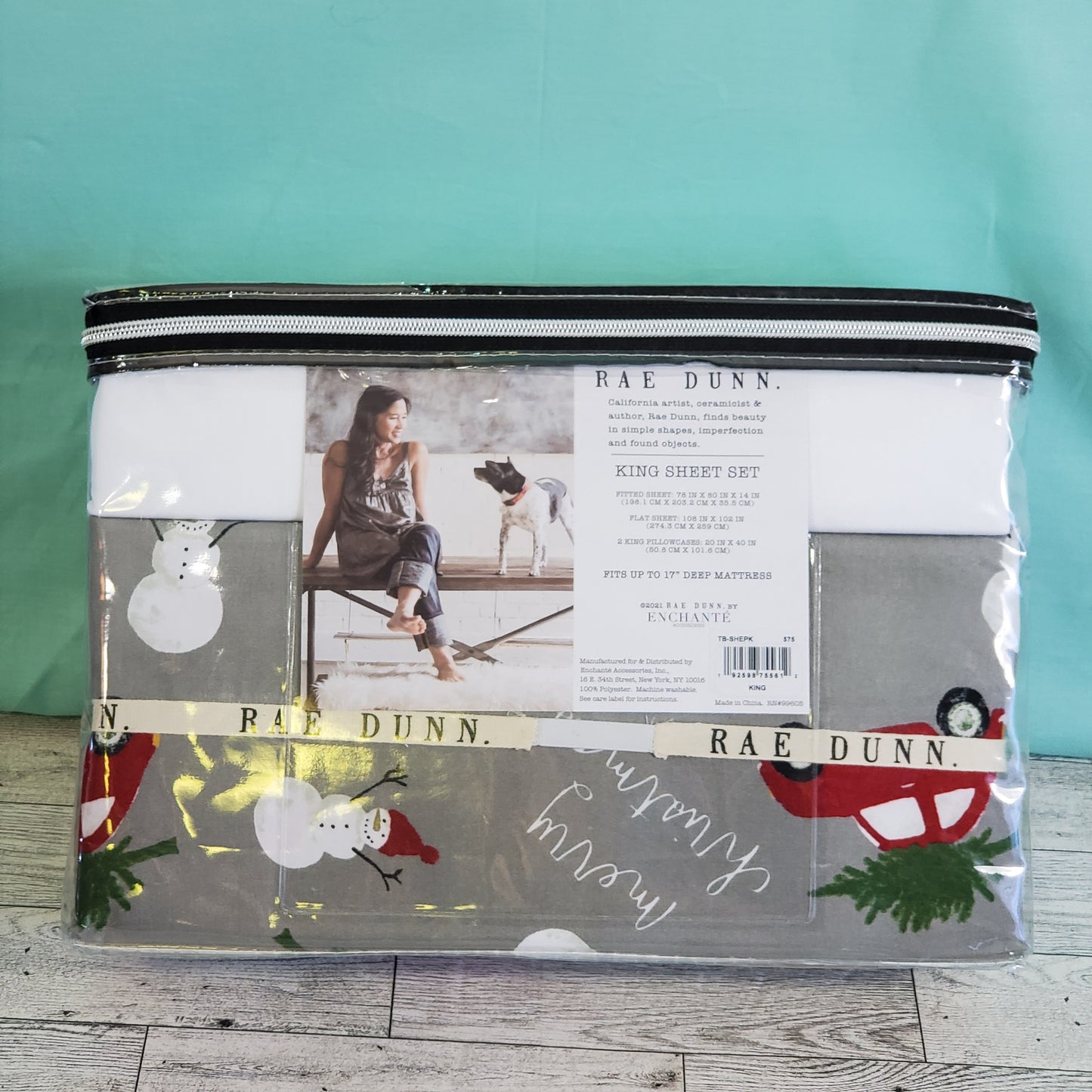 Rae Dunn Christmas Sheets - MERRY, Grey with Red Cars and Snowmen