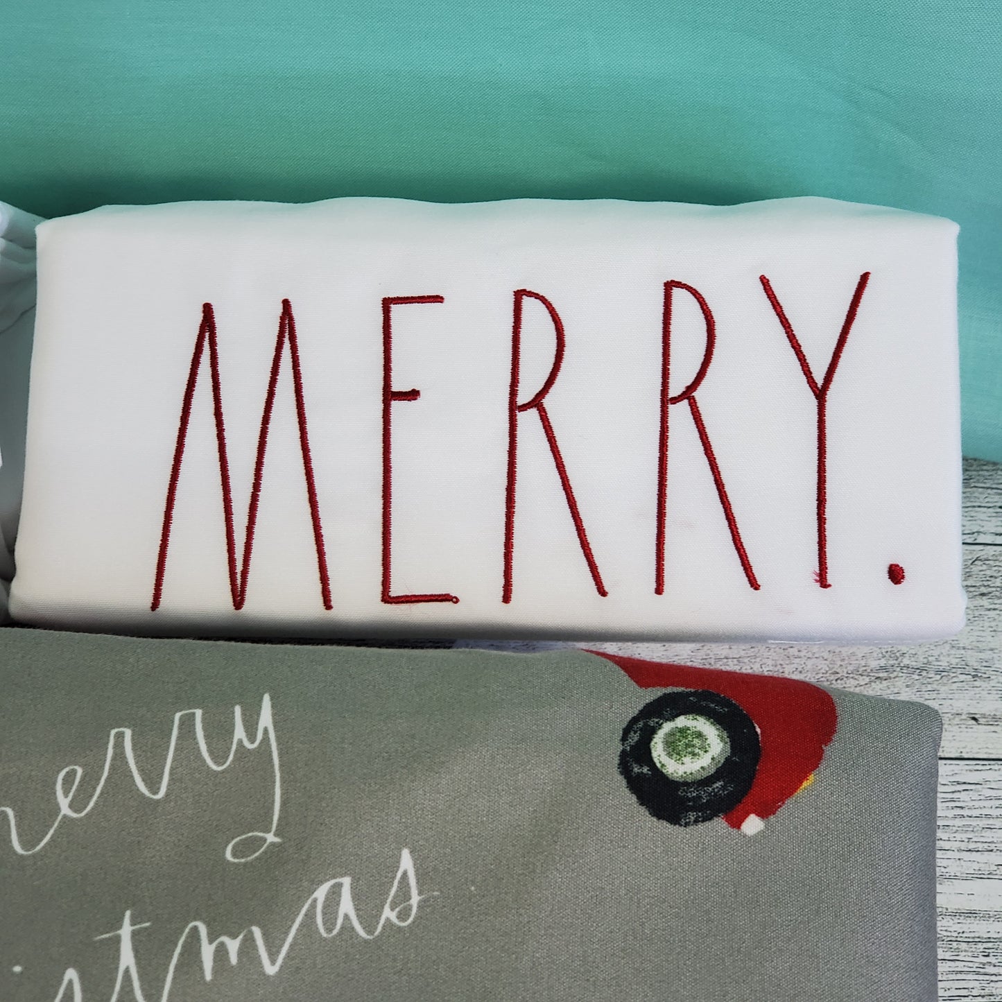 Rae Dunn Christmas Sheets - MERRY, Grey with Red Cars and Snowmen