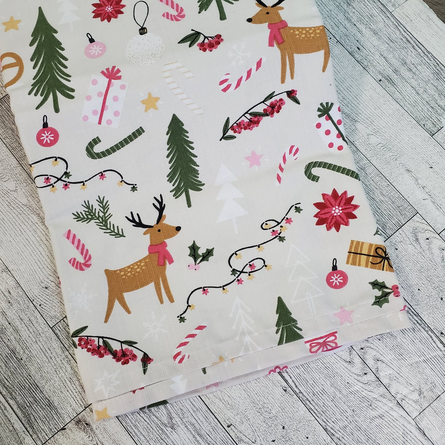 Holiday Twilight Town Reindeer and Pink Peppermint 72"x 72" Cotton Shower Curtain