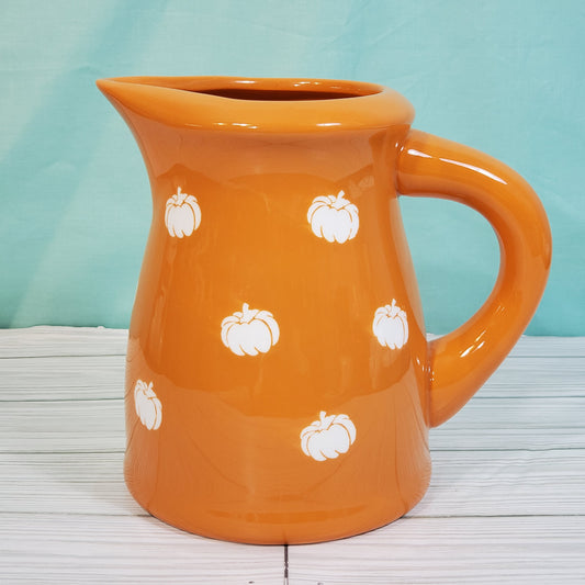 Terramotto Ceramic 40 oz Dark Orange Fall Pitcher with White Pumpkin Motif