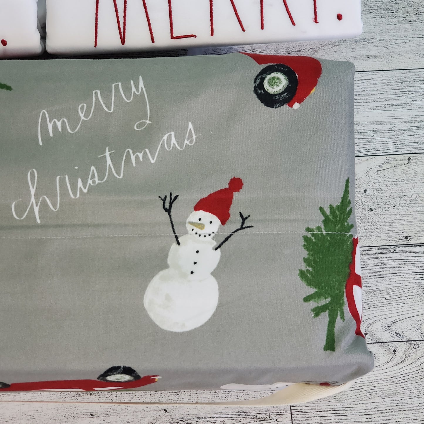 Rae Dunn Christmas Sheets - MERRY, Grey with Red Cars and Snowmen