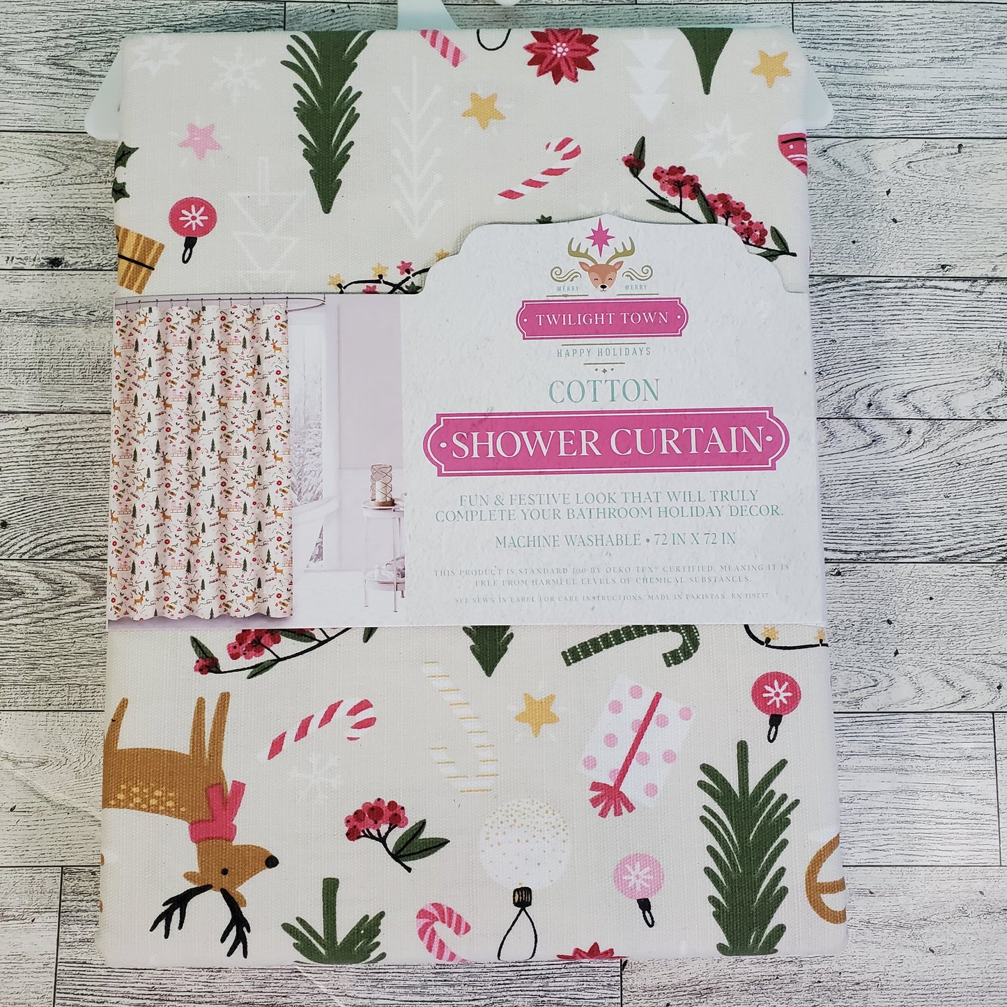 Holiday Twilight Town Reindeer and Pink Peppermint 72"x 72" Cotton Shower Curtain