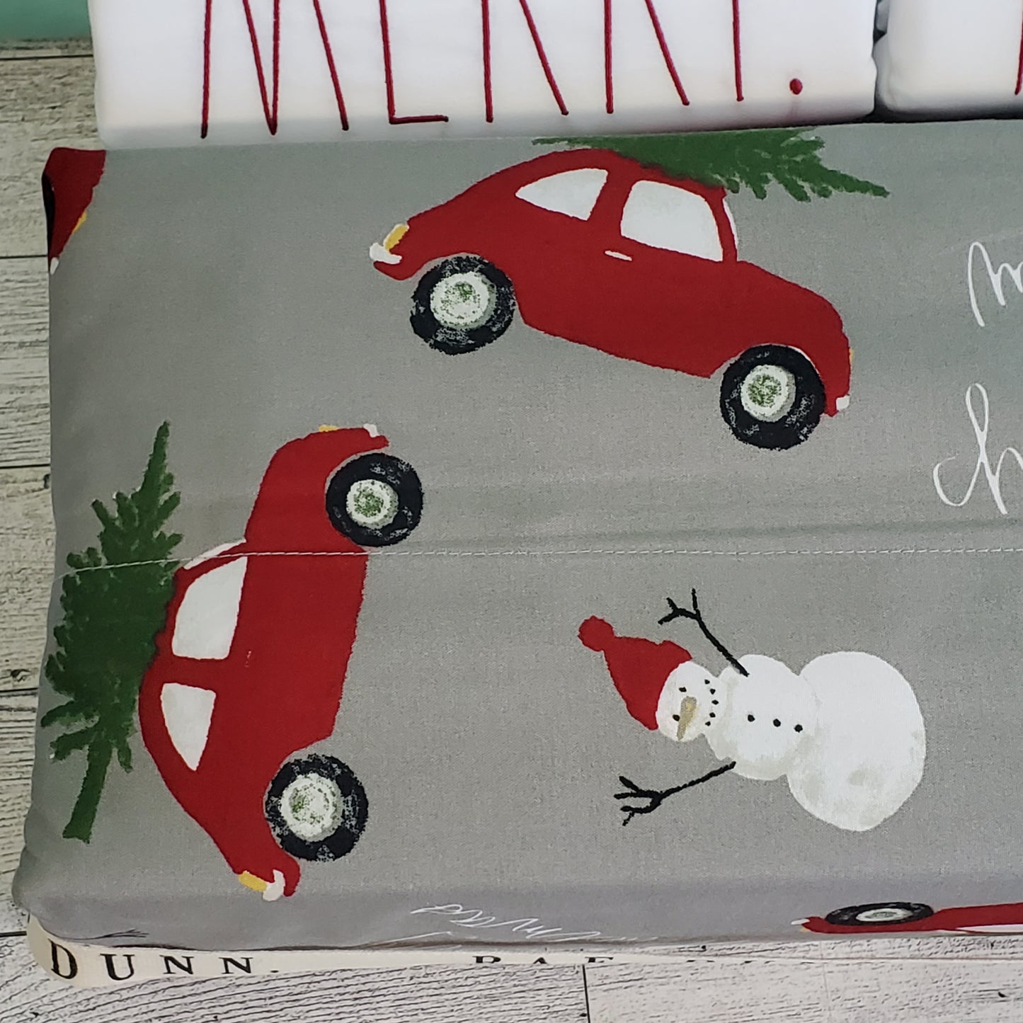 Rae Dunn Christmas Sheets - MERRY, Grey with Red Cars and Snowmen