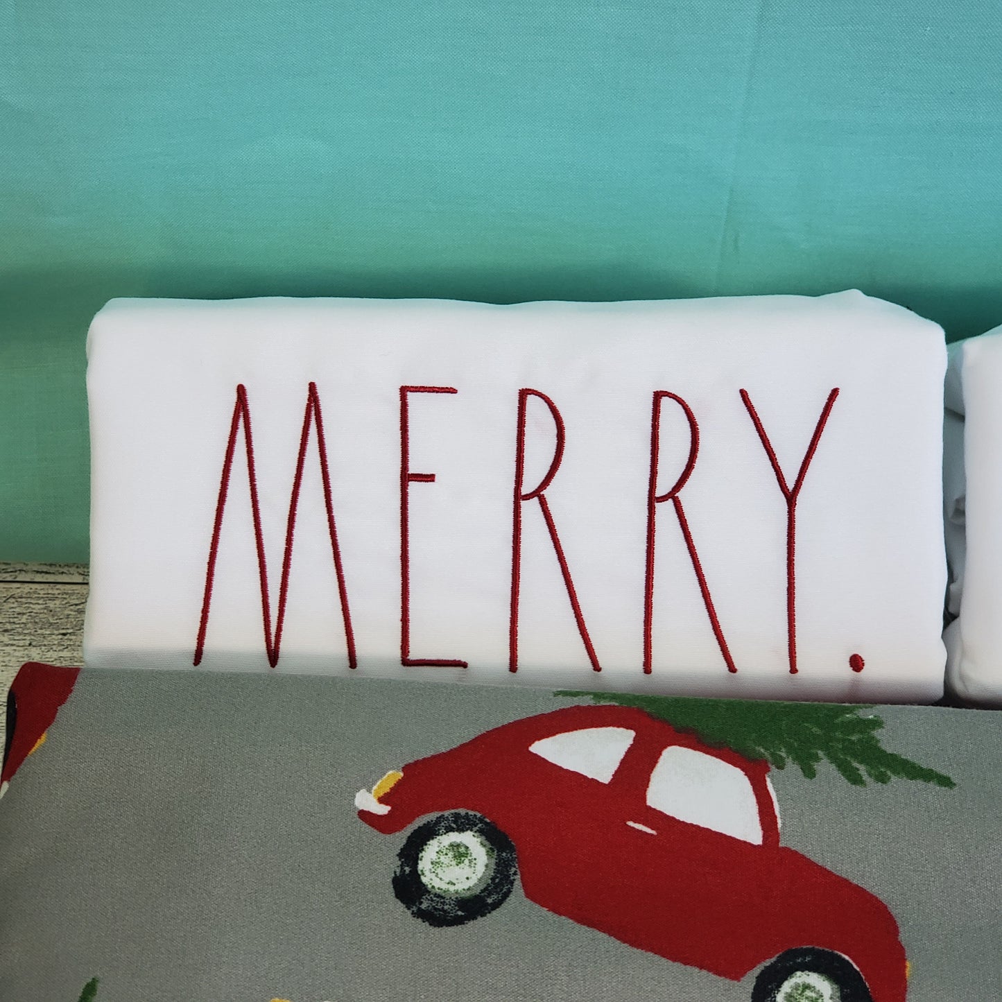 Rae Dunn Christmas Sheets - MERRY, Grey with Red Cars and Snowmen