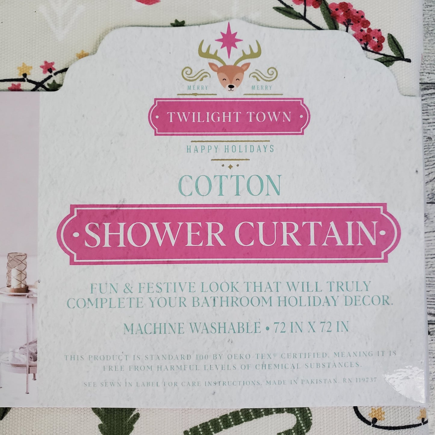 Holiday Twilight Town Reindeer and Pink Peppermint 72"x 72" Cotton Shower Curtain