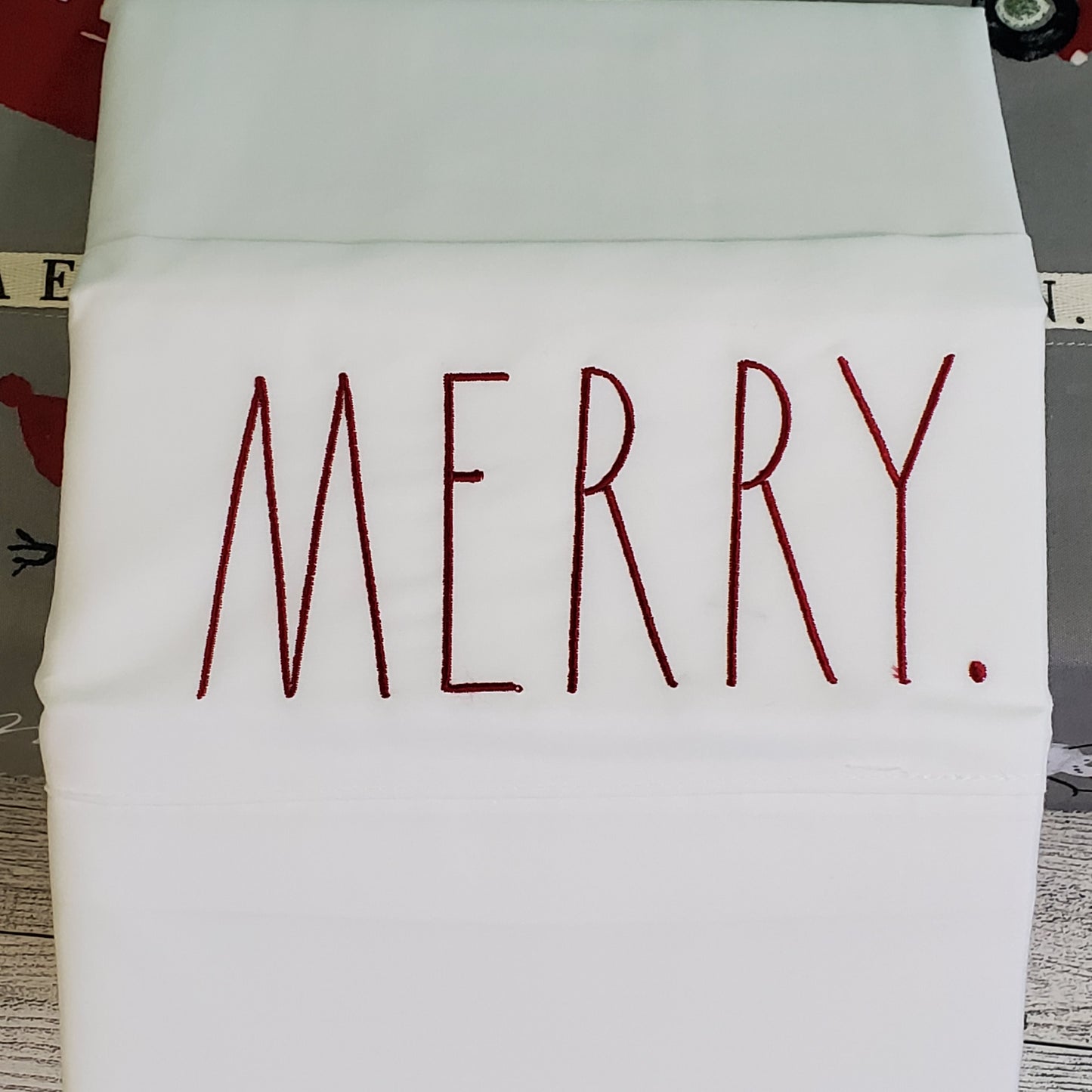 Rae Dunn Christmas Sheets - MERRY, Grey with Red Cars and Snowmen